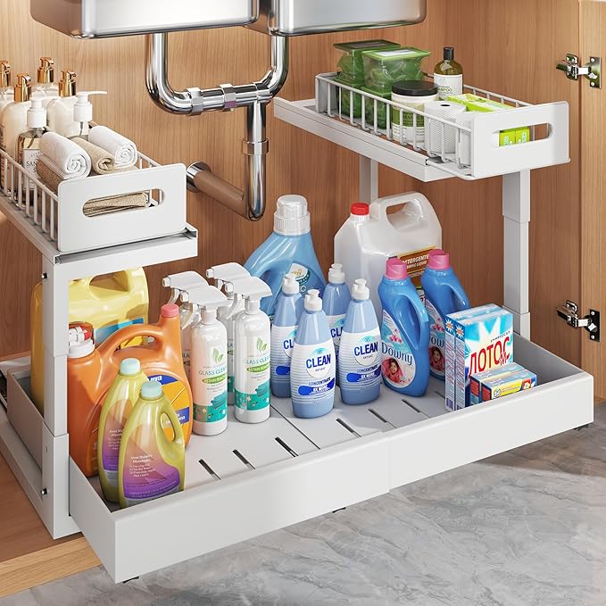 1 Pack Expandable Under Sink Organizers Storage With Upgrade Ball-Bearing Slide Tracks,2-Tier Pull Out Under Cabinet Organize