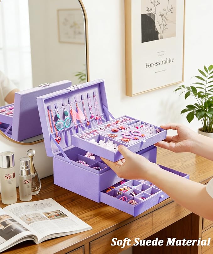 QBestry 3-Layer Jewelry Box for Girls & Teens with Lock and Key, Large Jewelry Organizer with 8 Necklace Hooks & 56 Earring H