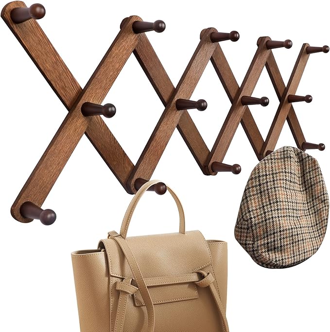 OROPY Wood Accordion Wall Hanger, Expandable Coat Rack Wall Mount with 14 Pegs, Expanding Hat Rack for Wall, X Shape, 27"×10"