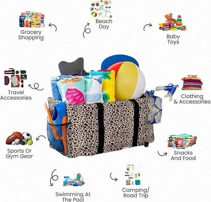 Extra Large Utility Tote Bag - Oversized Collapsible Reusable Wire Frame Rectangular Canvas Basket With Two Exterior Pockets For Beach, Pool, Laundry, Car Trunk, Storage - Leopard