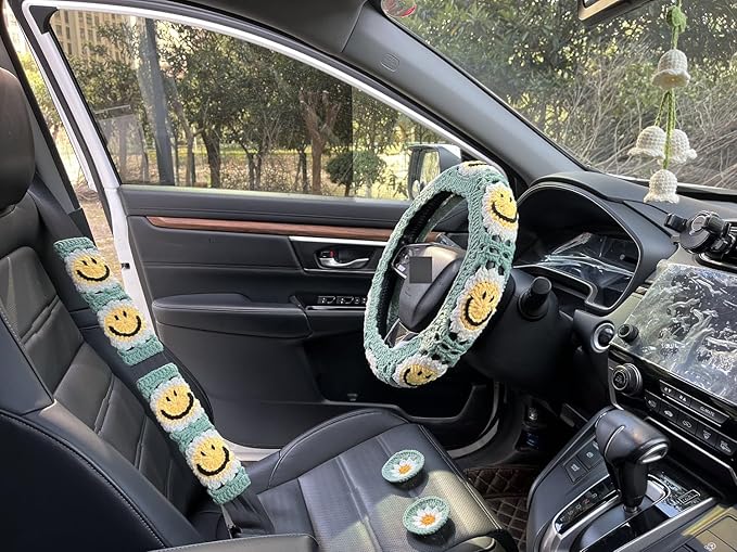 Handmade Crochet Sun Car Steering Wheel Covers Universal 14-15 inch,Cute Steering Wheel Cover,Car Accessories (Sun Wheel Cover+2belt Cover+2Coaster+Hanging)