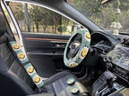Handmade Crochet Sun Car Steering Wheel Covers Universal 14-15 inch,Cute Steering Wheel Cover,Car Accessories (Sun Wheel Cover+2belt Cover+2Coaster+Hanging)
