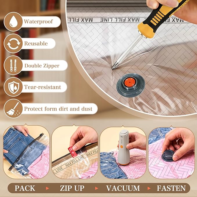 QcoQce Vacuum Storage Bags with Rechargeable Electric Pump, Space Saver Bags for Travel, Vacuum Seal Bags for Clothing, Beddi