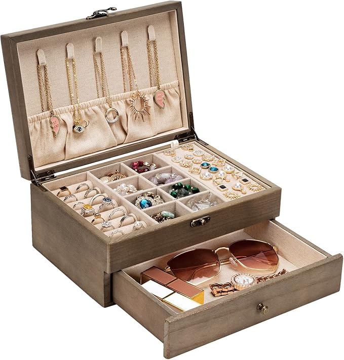 Pinzoveco Jewelry Box for Women, Rustic Wooden Jewelry Organizer Box for Storage Earrings Rings Necklace Bracelet, Farmhouse 