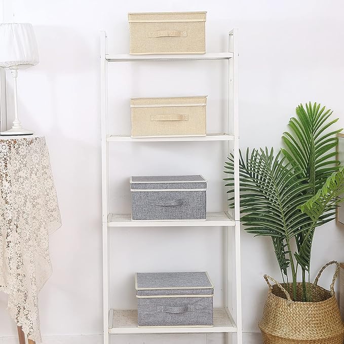 Storage Bins with Lid, Foldable Clothing Storage Box case with Handle for Closet, Bedroom, Home, Gray+Apricot, 13L x 12.5W x 