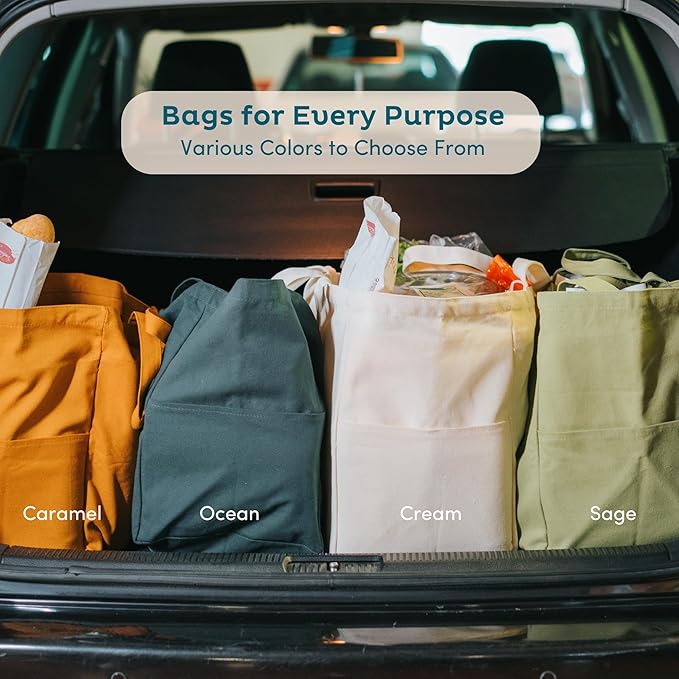 Nook Theory 3-Pack Reusable Grocery Bags - Heavy Duty, Large 12 Oz Cotton Canvas Reusable Shopping Bags With Pockets, 100% Cotton Cloth Grocery Totes, Foldable Multi Compartment (Mocha)