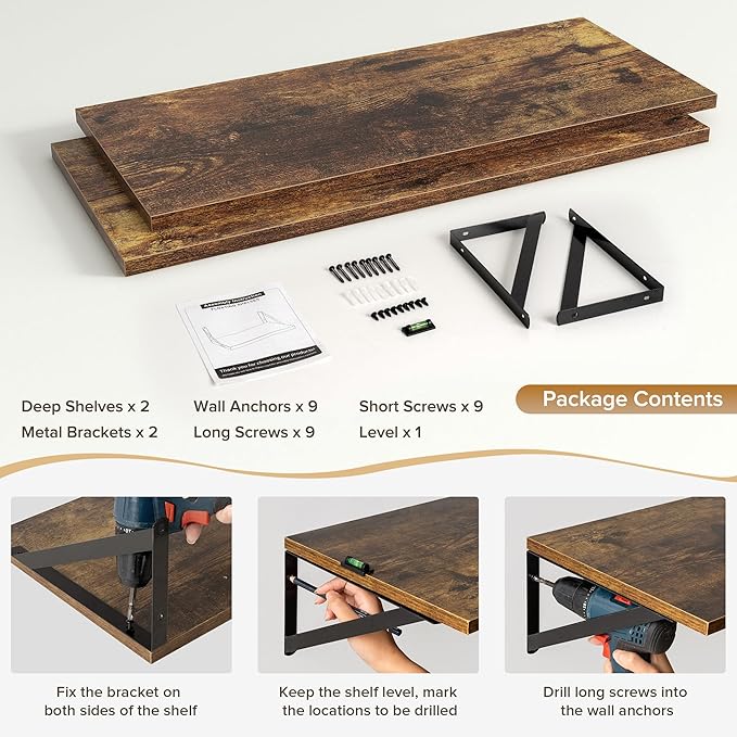 Deep Floating Shelves Wall Mounted, 30"x12" Brown Wood Shelves with Brackets Set of 2 for Bedroom, Living Room, Bathroom, Kit
