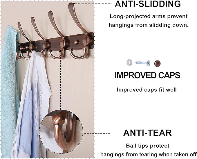 Dseap Coat Rack Wall Mounted - 5 Tri Hooks, Heavy Duty, Stainless Steel, Metal Coat Hook Rail for Coat Hat Towel Purse Robes 