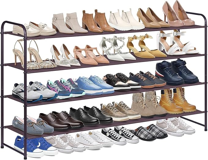 KIMBORA 4 Tier Long Shoe Rack for Closet, Wide Shoe Storage Organizer Stackable Sneaker Shelf for Floor, Bedroom 30 Pairs (Br