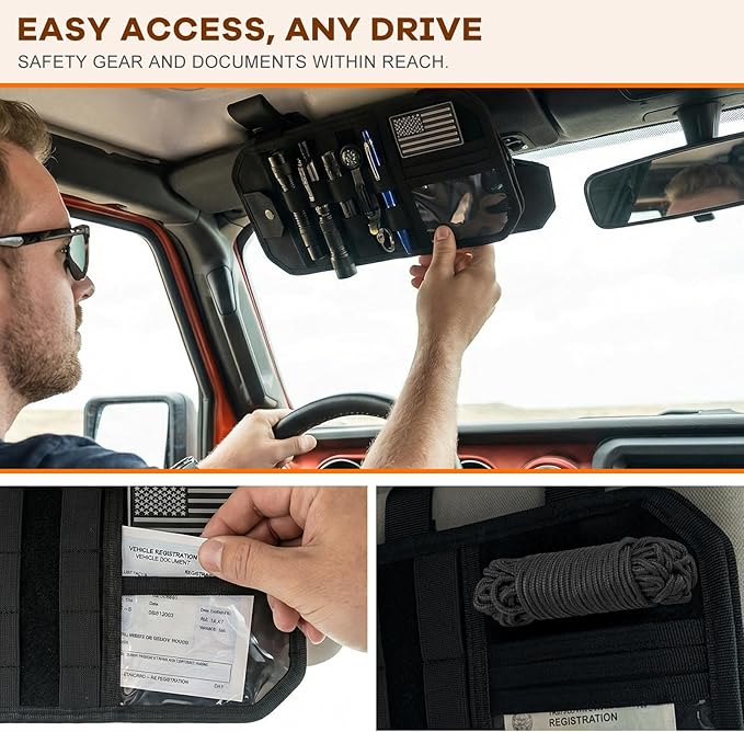 Molle Car Sun Visor Organizer, Auto Semi-Rigid MOLLE Panel Police Gear Holder w/Zipper Pocket & Sunglasses Clip, Universal Tactical Panel Visor Organizer for Cars SUVs Trucks