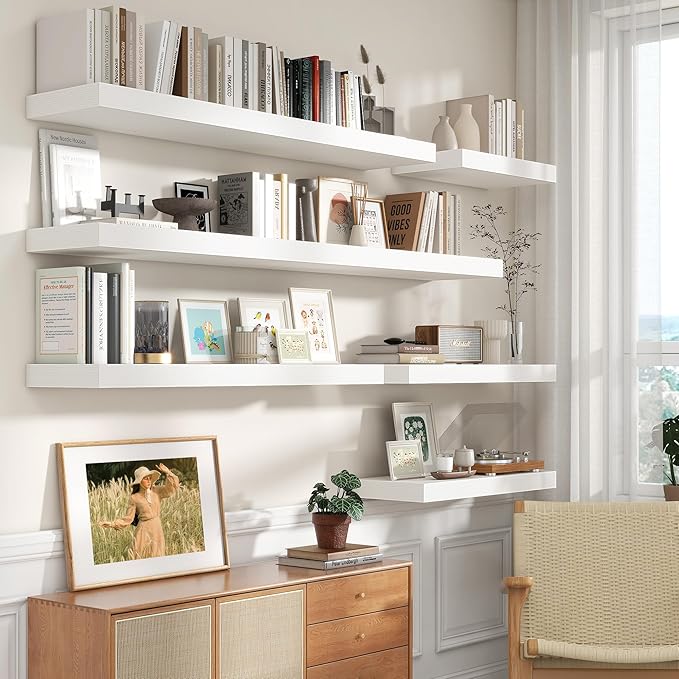 12 Inch Deep Floating Shelves | 55 Inch White Floating Shelves | 55" W x 12" D Rustic Wood Shelves for Wall | Deep White Shel