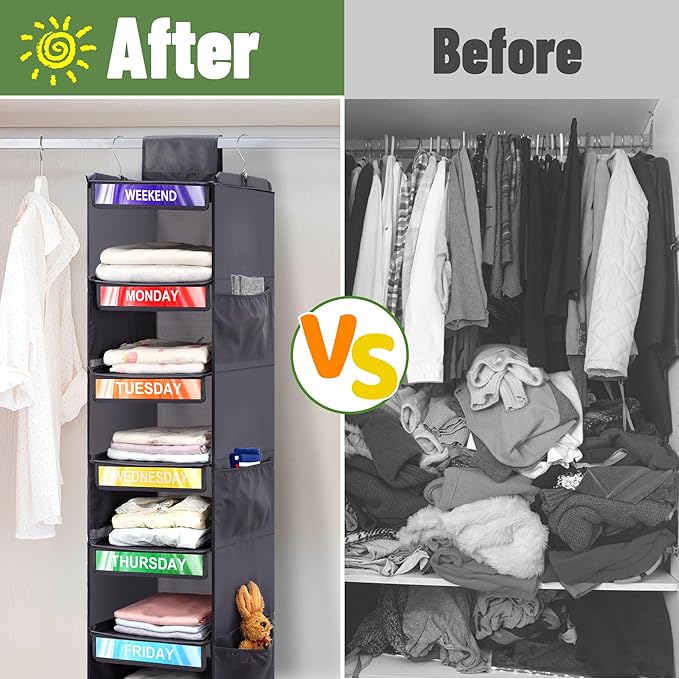 2 Pack 6-Shelf Weekly Clothes Organizer for Kids, Hanging Daily Closet Organization with 6 Side Pockets, Days of The Week Clo