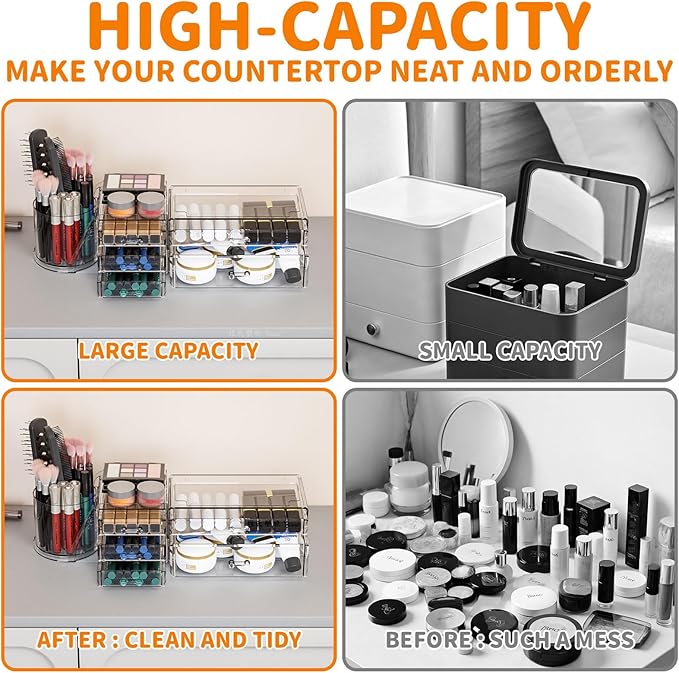 Clear Acrylic Makeup Organizers for Vanity,Countertop,3 Pack Make up Drawer Organizer With Makeup Brush Holder,Plastic Skinca