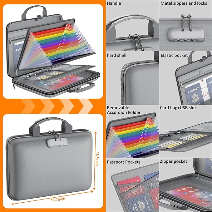 Fireproof File Organizer with Lock, Hard Case Fireproof Document Box with 13 Colorful Pockets Accordion File Folder, Importan