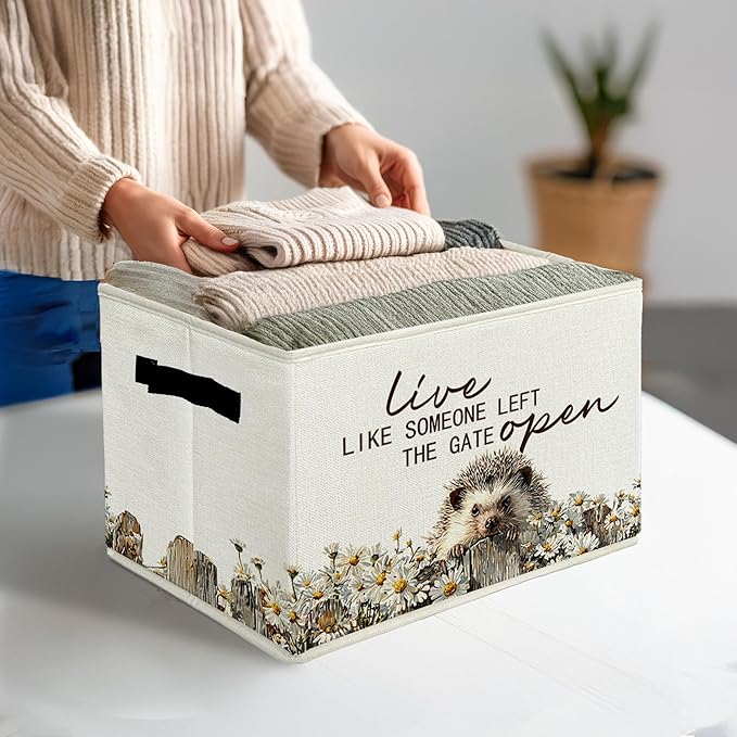 Rustic Hedgehog Storage Bins & Boxes with Handles, Farmhouse Hedgehog Foldable Basket for Organizing, Live Like Someone Left 
