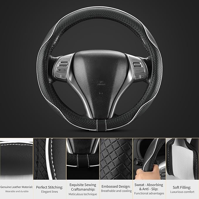 Leather Car Steering Wheel Cover,Anti-Slip, Safety,Soft,Breathable,Heavy Duty,Thick,Full Surround, Sports Style,Universal Car