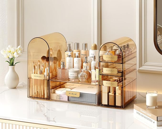 Makeup Organizer Countertop with Drawers & Lid, Skincare Organizer for Vanity, Large Cosmetic Organizer & Display Cases and S