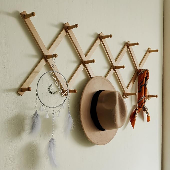 SKOLOO Hat Rack for Wall with 14 Hooks, Solid Wooden, Modern, Expandable Coat Rack Wall Mount for Coats, Hats, Bags, Baseball