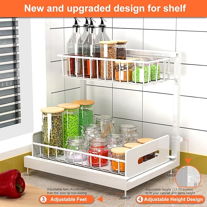2 Pack Under Sink Organizer, Pull Out Cabinet Organizer 2 Tier Slide Out Sink Basket Drawer Sink Shelf Cabinet Storage Shelve