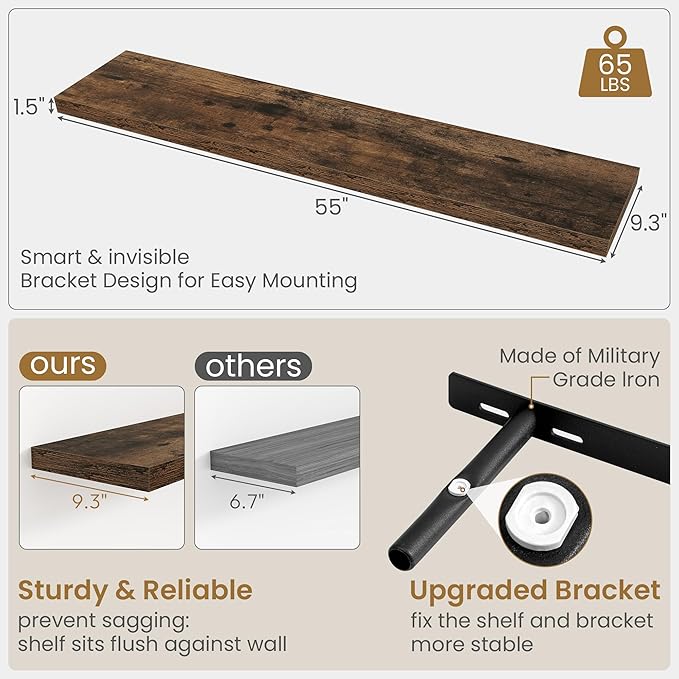55"W x 9.3"D Floating Shelves for Wall, Wall Mounted Bathroom Shelves 2 Pack Deep Floating Shelf for Bedroom Kitchen Living R