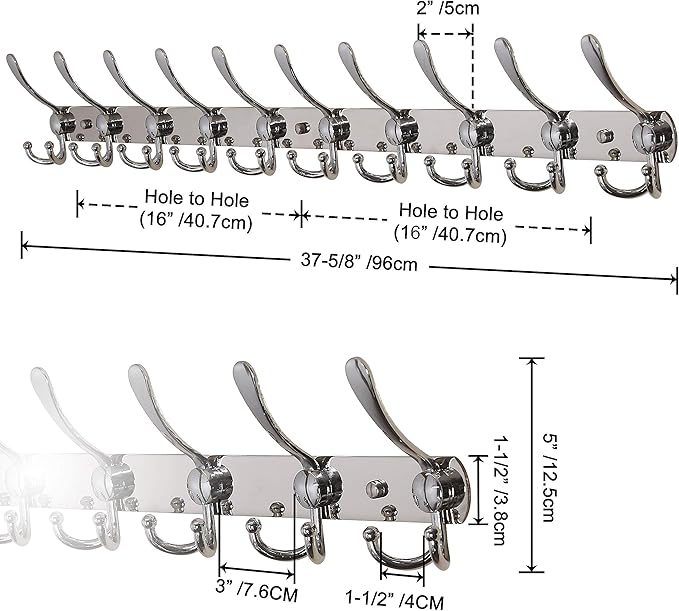 Dseap Coat Rack Wall Mount - 38” Long 10-Tri-Hooks Heavy Duty Coat Hanger Rail Wall Hooks for Hanging Coats Hats Clothing Clo