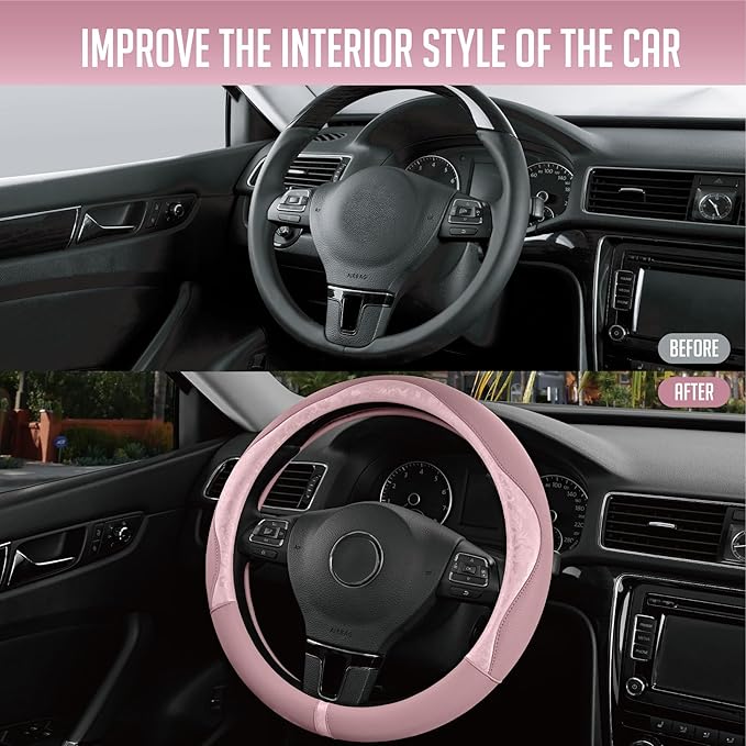 PIC AUTO Steering Wheel Cover, Pink Patterned Leather Patchwork Design, Universal Fit 14.5"–15.5", Anti-Slip, Odor-Free, Soft