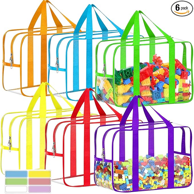 6 Color XXL Toy Storage Bags 16.5×11.8×6.8In with Labels, Large Capacity Reusable Clear PVC Storage Bags, Travel Waterproof O