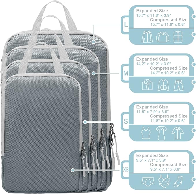 WOOMADA Compression Packing Cubes for Suitcases Travel Essentials 4 Set Expandable Travel Bags Organizer for Luggage(dark gre