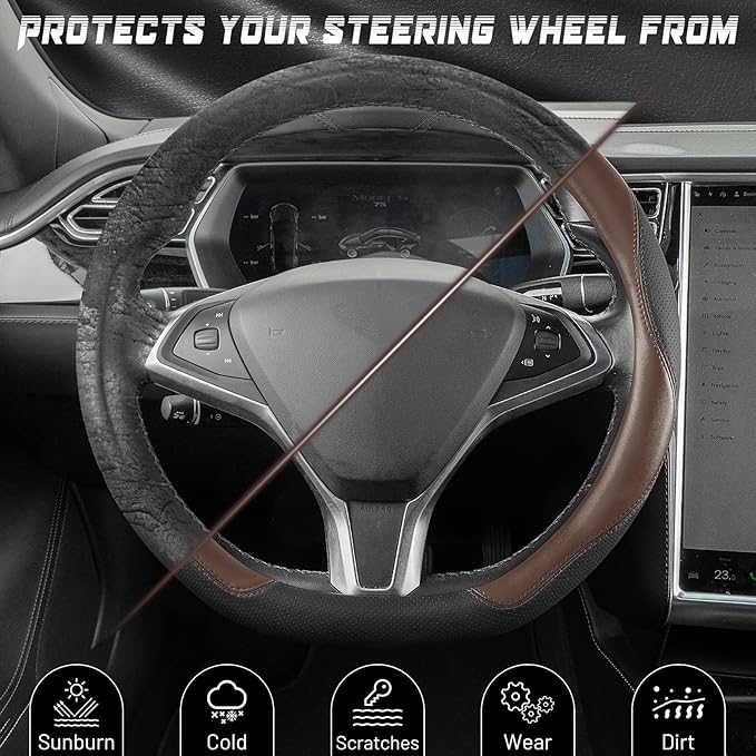 SEG Direct D Shaped Steering Wheel Cover, Flat Bottom Car Wheel Cover 14 1/2-15 in. (37-39 cm), Black and Mocha Brown Microfi
