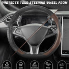 SEG Direct D Shaped Steering Wheel Cover, Flat Bottom Car Wheel Cover 14 1/2-15 in. (37-39 cm), Black and Mocha Brown Microfi