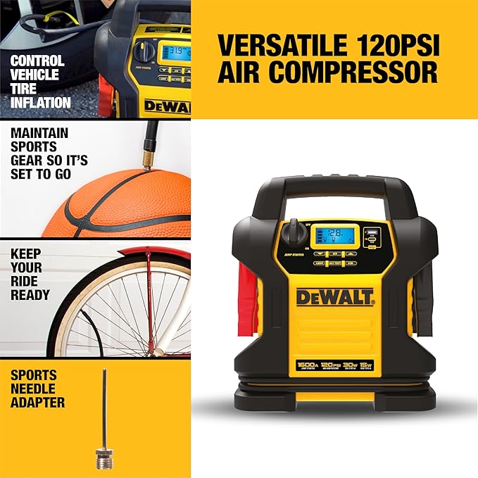 DEWALT DXAEJ14 Digital Portable Power Station Jump Starter - 1600 Peak Amps with 120 PSI Compressor for Tires, Sports