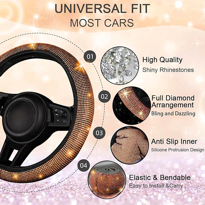 NBTEPEM 30 Pcs Orange Bling Car Accessories Set for Women, Steering Wheel Cover Set, Bling Console Cover, Seat Belt Cushion, Shift Knob Cushion, Cup Holder Coaster, Rhinestone Car Hanging Accessories