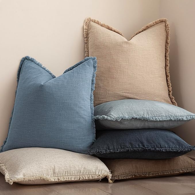 Foindtower Set of 2 Decorative Linen Fringe Throw Pillow Covers Cozy Boho Farmhouse Cushion Cover with Tassels Soft Accent Pi