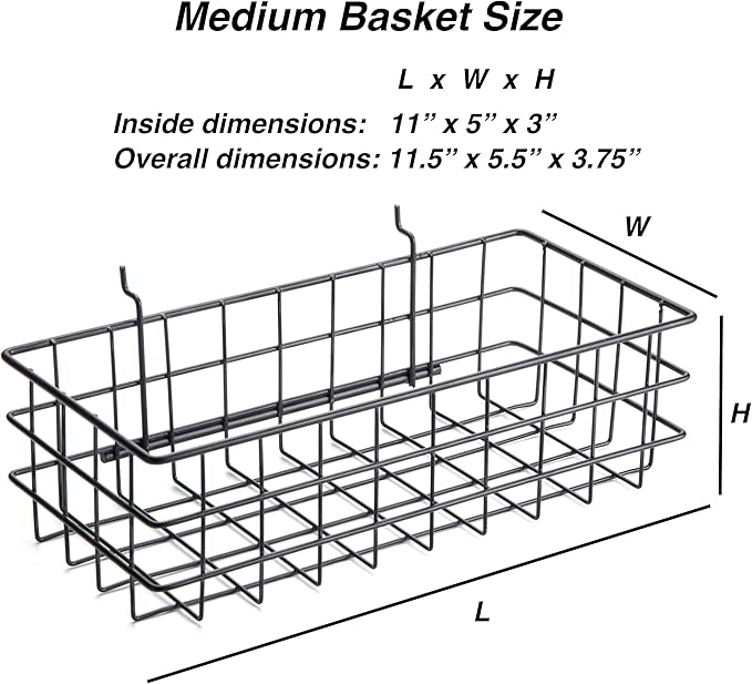 RightArrange Pegboard Basket Size M, Black - Hooks to Any Peg Board - Square Style Wire Shelf Baskets - Organize Tools, Workb