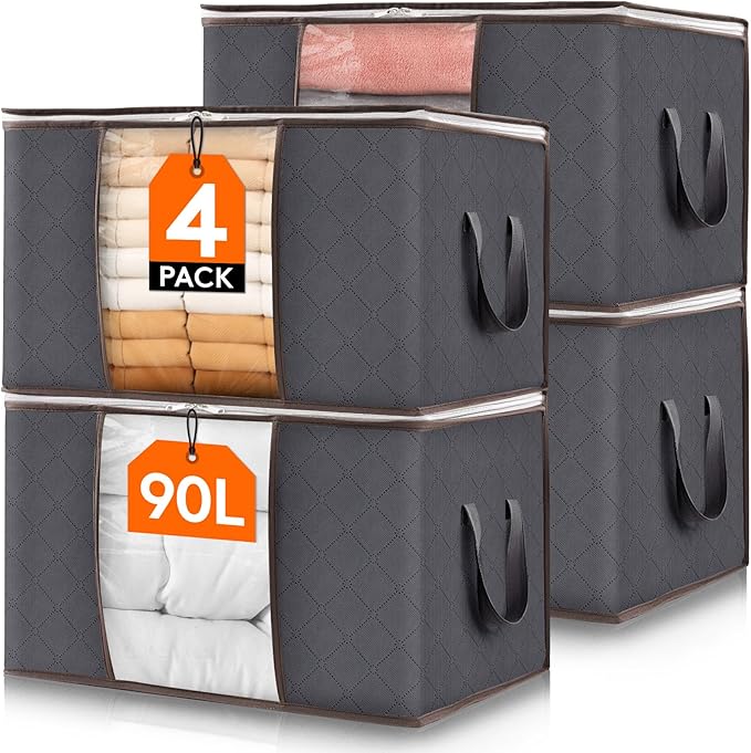 Lifewit 4 Pack 90L Clothes Storage Bins with Lids, Foldable Blanket Storage Bags with Zippers, Clear Window and Reinforced Ha