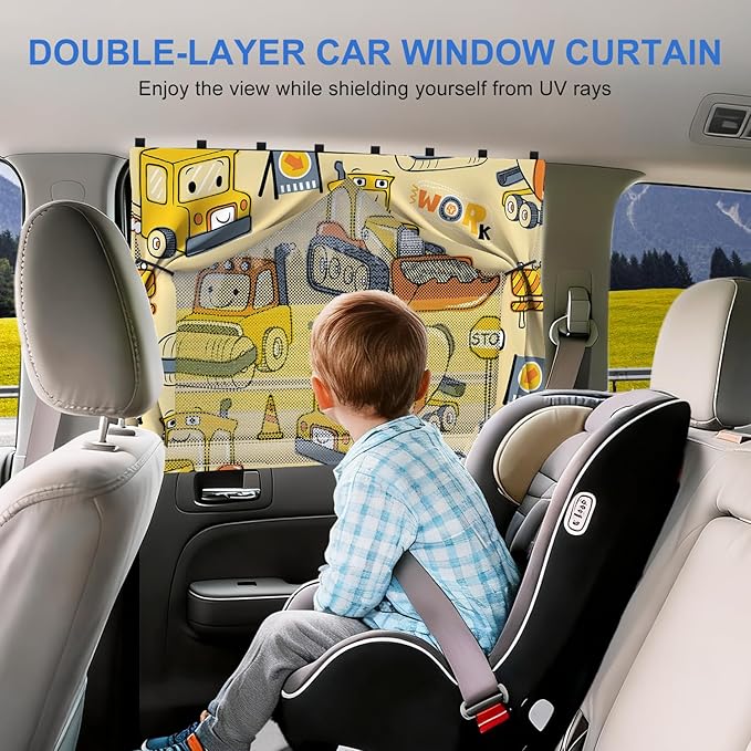 Car Window Shades with 8 Magnets-26.8"x19.7" Car Rear/Side Window Sunshade for Baby Semi-Transparent 2-in-1 Universal Auto Sun Shade for Kid & Pet Protection (2 Pack) Construction Vehicle Cartoon