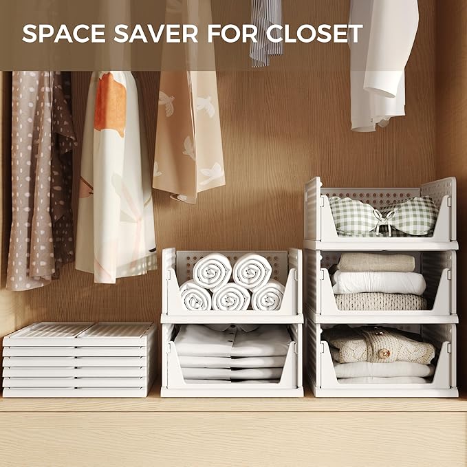 Pinkpum 6 Pack Closet Organizers Storage Bins, Stackable Plastic Drawer Basket for Clothing, Stackable Storage Bins Shelf Sto