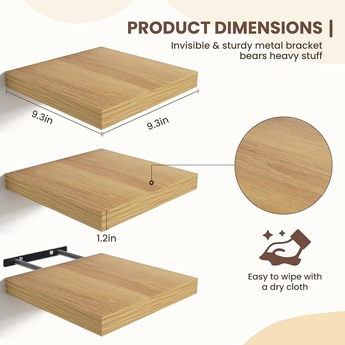 Fun Memories Floating Shelves for Wall - 9.3 Inch Square Shelves with Invisible Brackets, Small Wall Shelf for Living Room, B