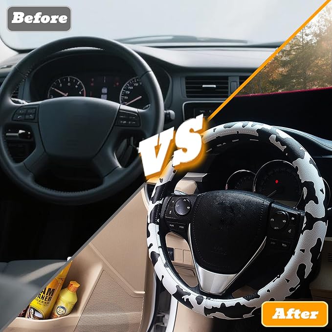 Universal Steering Wheel Cover Women 14.5-15 inch car Accessories Cow Print Western Leather Anime Black and White Cute Wheel 