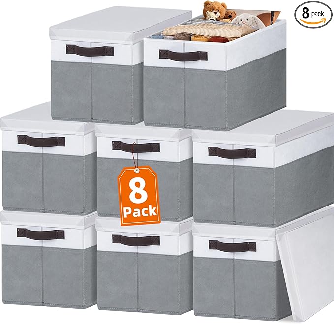 Extra Large Storage Baskets with Lids 8 Pack, 33 QT Blanket Basket for Organizing/ Stackable Decorative Closet Organizers and