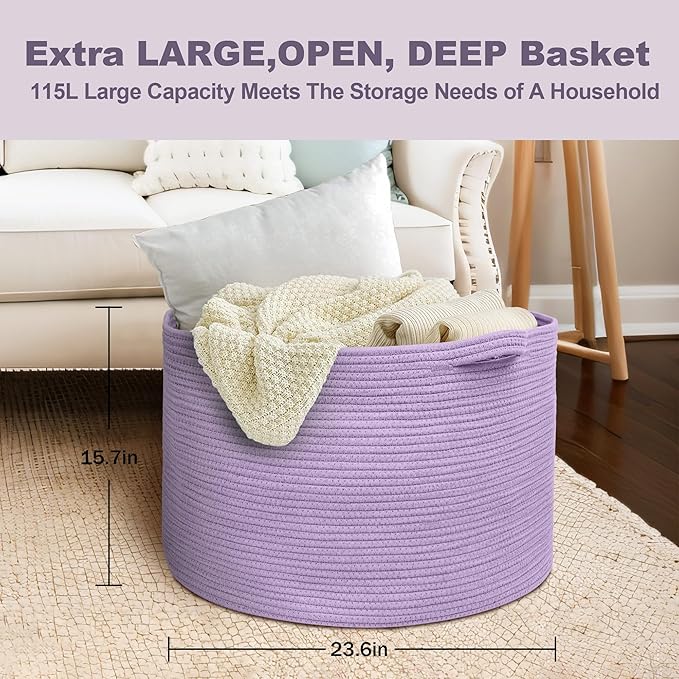 MEGASKET 115L Extra Large Purple Storage Basket, 23.6" X 15.7" Jumbo Woven Cotton Rope Bin for Throw Blankets Pillows, Baby L