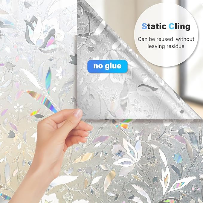 Donox Window Privacy Film, Frosted Stained Glass Pattern Decorative Window Films, Static Cling Sun Blocking & Glare Blocker Stickers for Home Heat Control Non-Adhesive, Tulip 29.5 Inch x 13.1 Feet