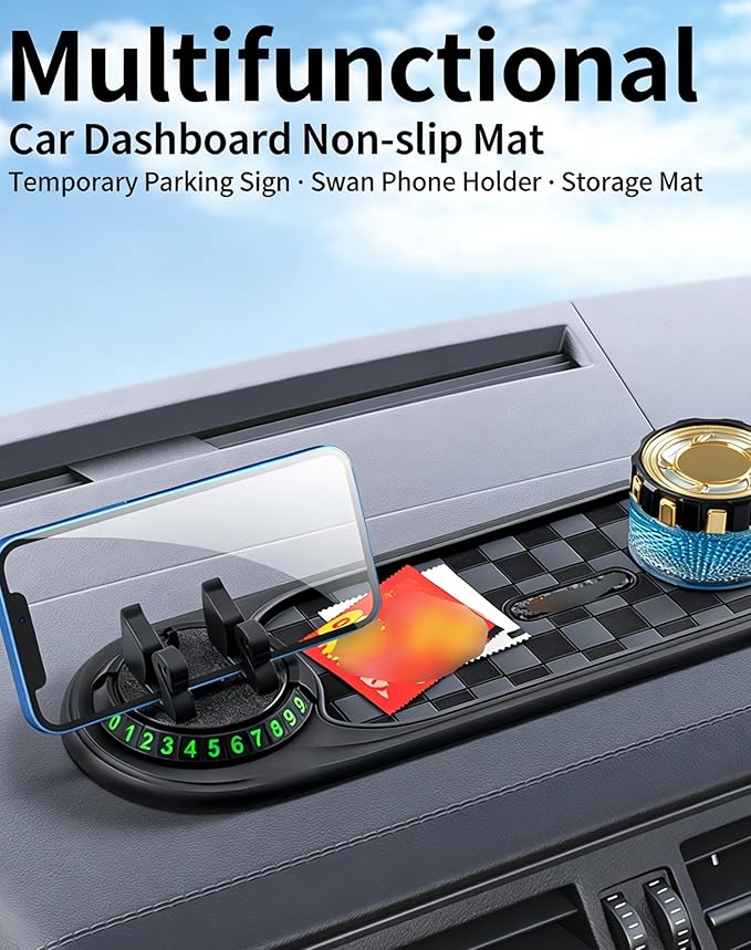 Multi-Functional Support Anti-Slip Pad, 360° Rotatable Car Anti Slip Mat Phone Holder with Temporary Parking Number, Auto Das