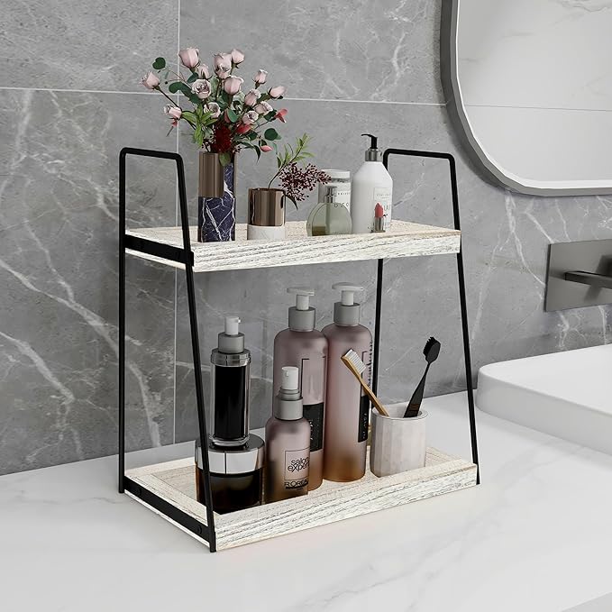 Dorhors 2 Tier Bathroom Counter Organizer Storage,Vanity Organizer for Bathroom Counter,Wood Standing Rack for Kitchen(Rustic