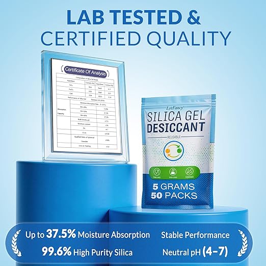LotFancy Silica Gel Packets 5 Gram (50 Pack), Color Indicating Desiccant - Rechargeable Moisture Absorbers for Food Storage, 