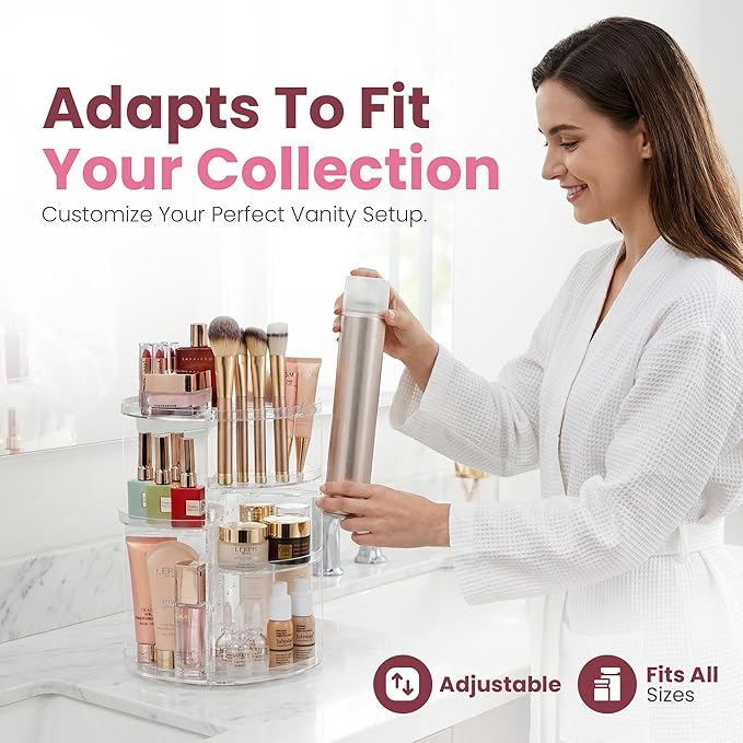 Masirs 360 Rotating Makeup Organizer Countertop - Adjustable Shelf Height - The Perfect Round Spinning Cosmetic Organizer for