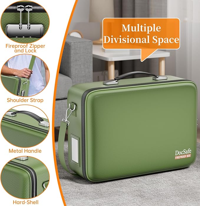 DocSafe Fireproof Document Box with Lock＆Shoulder Strap,Hard Case File Organizer with Accordion File Folder,Multi-Layer Porta