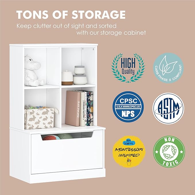 UTEX Kids Bookshelf and Toy Storage Organizer, Toddlers Bookcase with Cubbies, Adjustable Wood Shelf with Drawer for Bedroom,