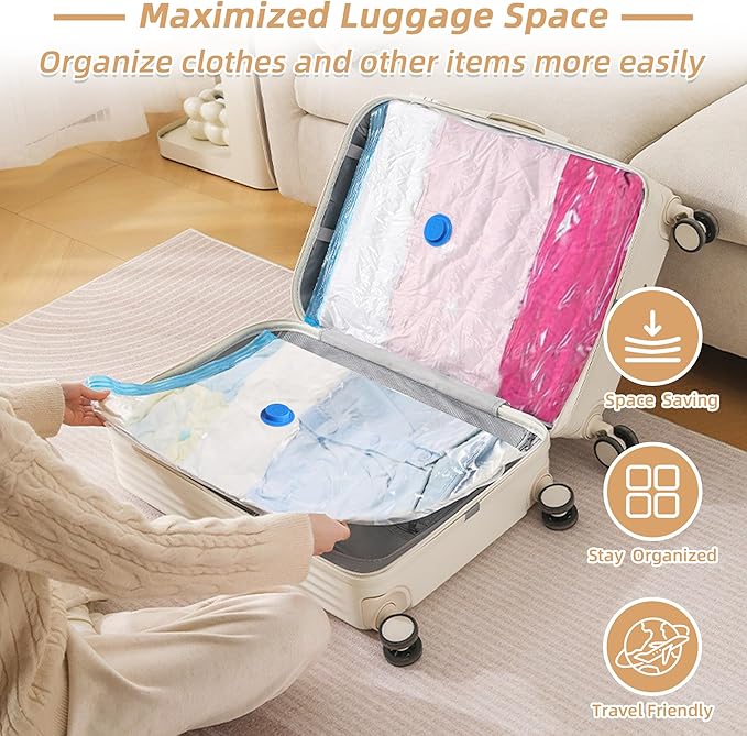 Travel Vacuum Bags with Rechargeable Pump,12 Pack Vacuum Storage Seal Bags for Clothing Suitcase Backpack, Space Saver Compre