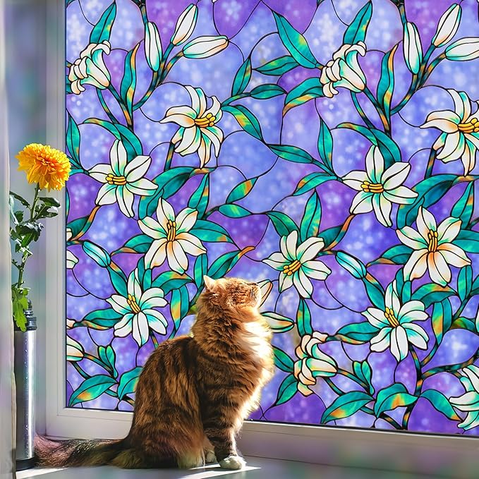 Coavas Decorative Window Privacy Film, Heat Control Sun Blocking Stained Glass Window Film, Floral Design Static Cling, Non Adhesive Windows Tint for Bathroom Front Door(Vinyl, 29.5" x 78.7 ")